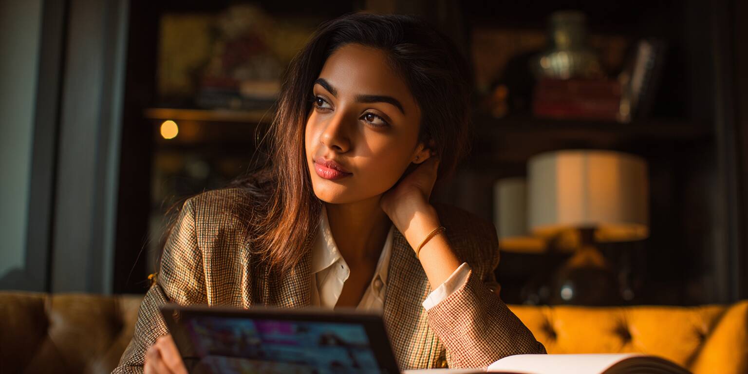 A beautiful and focused young woman from Bangladesh studying a casino game strategy on her tablet, with a determined yet relaxed expression.