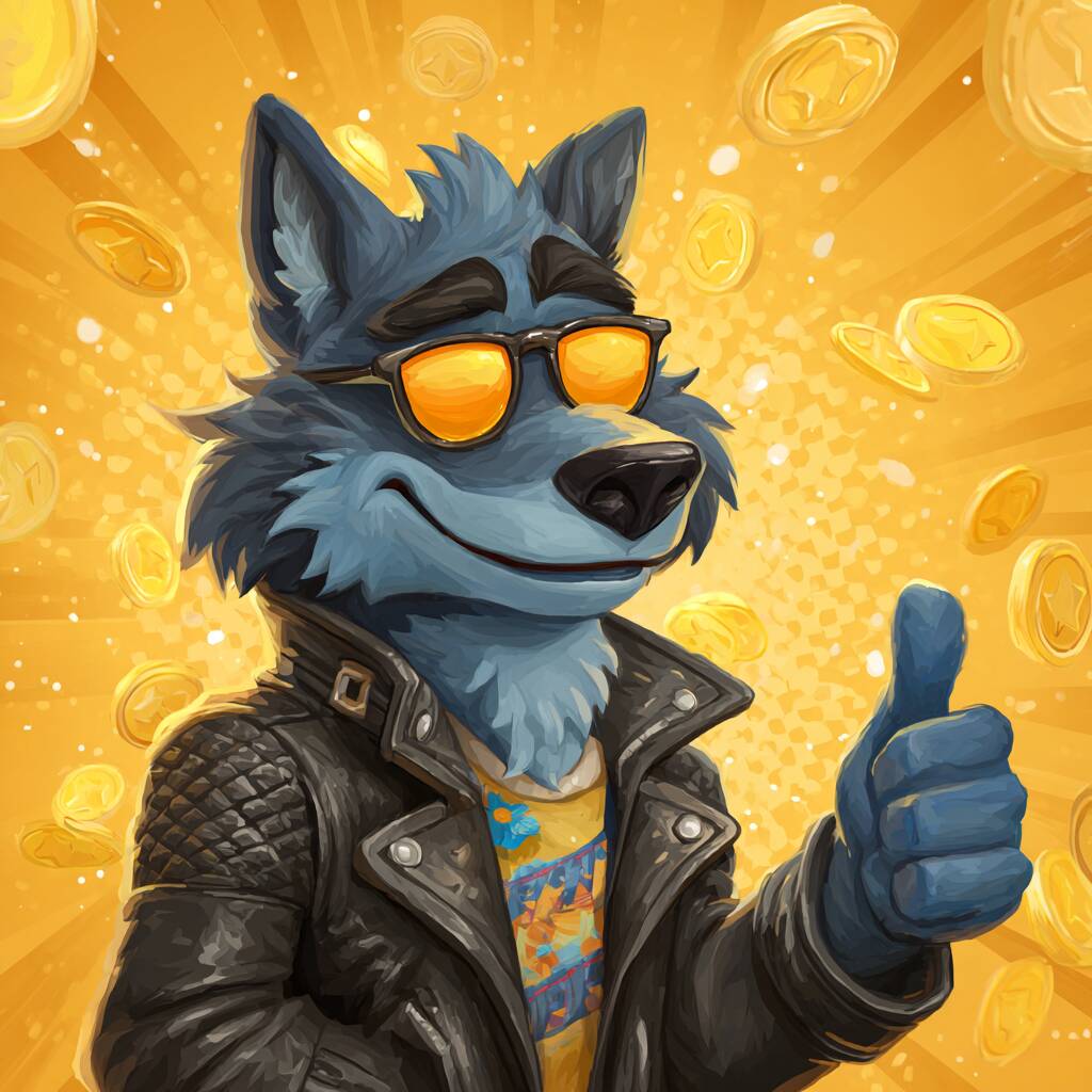 A fun cartoon wolf mascot for Ywkk casino, wearing sunglasses and a stylish jacket, tossing golden casino chips in the air.