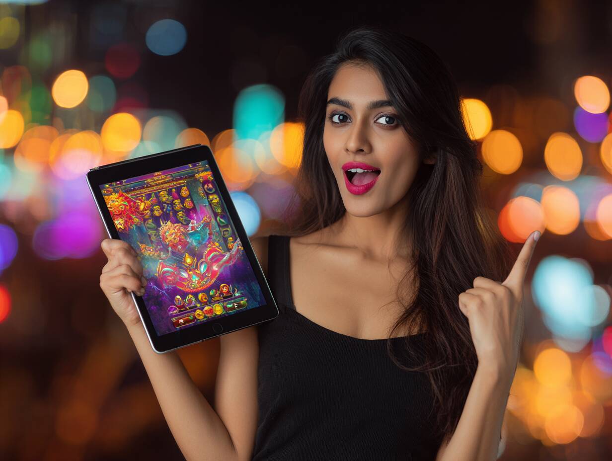 A beautiful young woman from Bangladesh looking excited while playing a fantasy-themed slot game from Ywkk casino on her tablet.