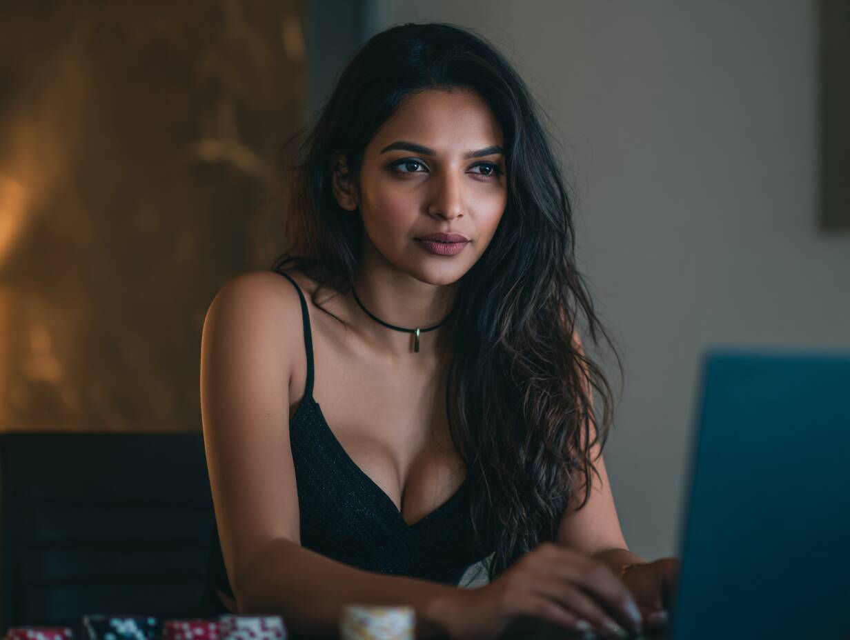 A stylish young Bangladeshi woman focused on playing an online poker game on her laptop in an elegant setting.