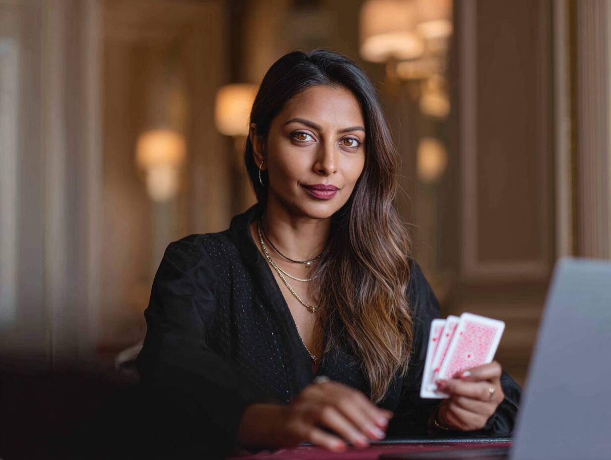 An elegant Bangladeshi woman focused on a live dealer blackjack game from Ywkk on her laptop.