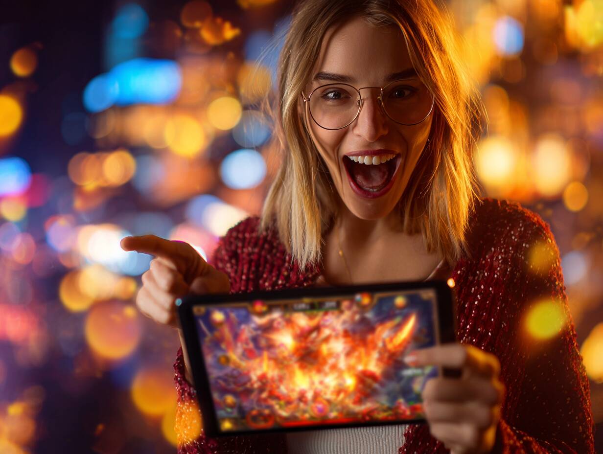 A stylish young woman from Bangladesh looking excited while playing a vibrant slot game from Ywkk casino on her tablet.