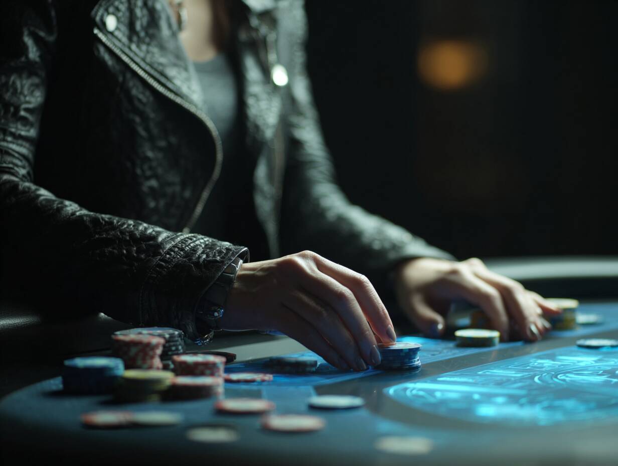 A close-up of a young woman's hands handling poker chips while playing a table game on the Ywkk platform.