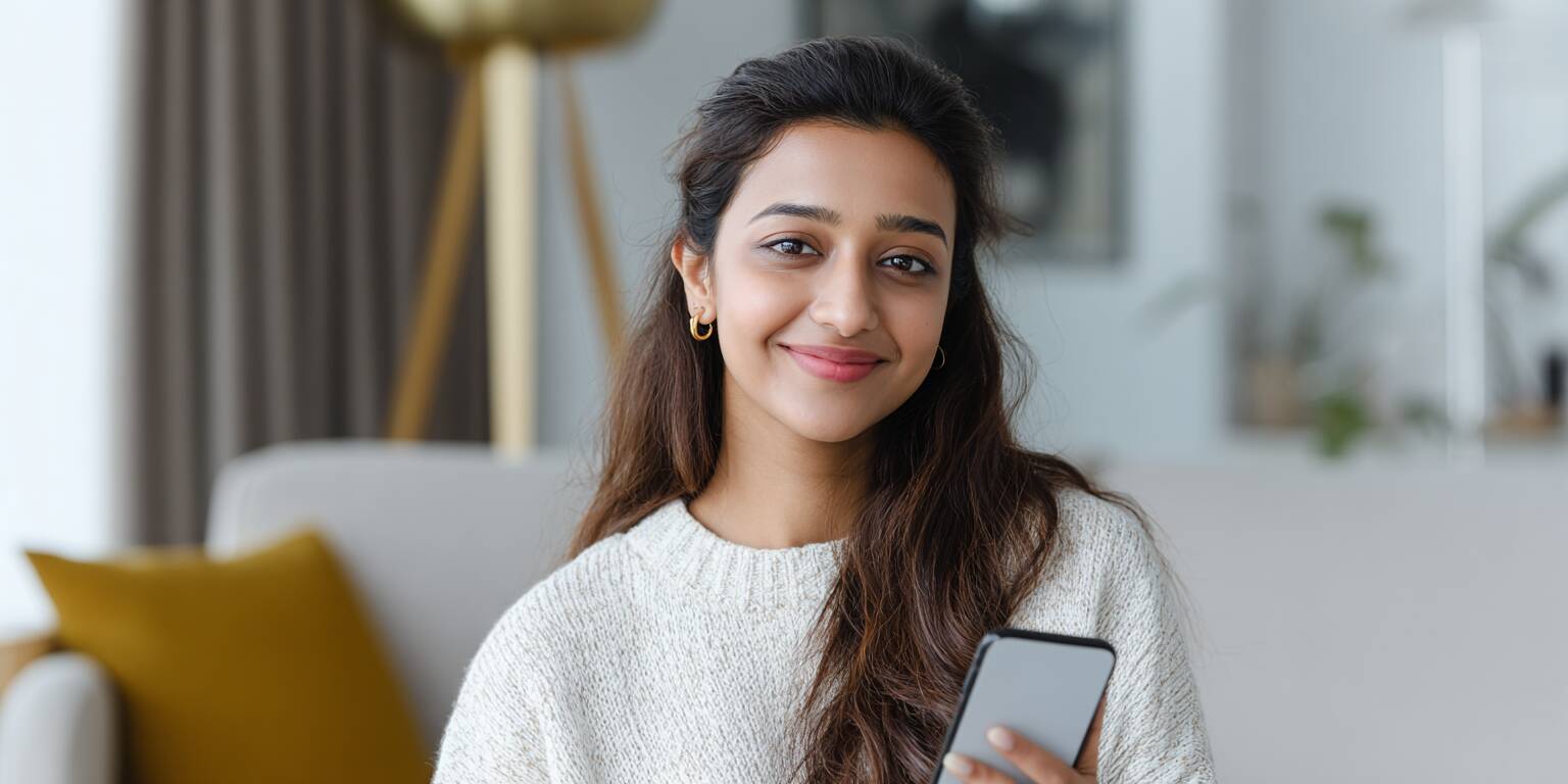 Young Bangladeshi woman smiling as she successfully registers an account on the Ywkk casino website via her smartphone.