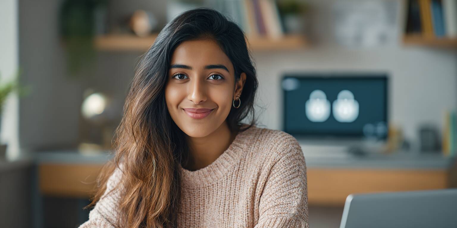A beautiful young Bangladeshi woman with a confident smile, entering her login details on the secure Ywkk website on her laptop in a modern home office.