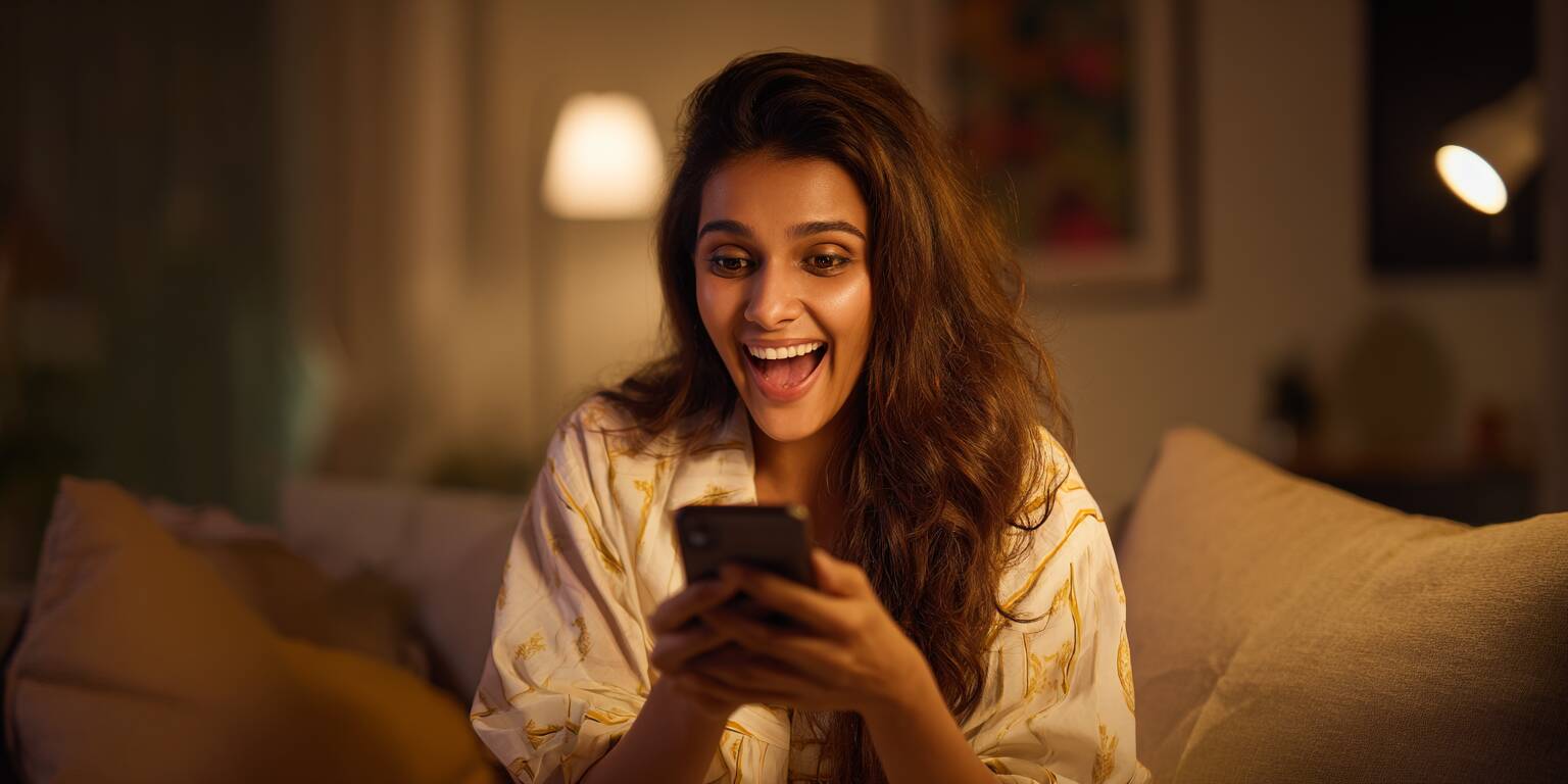 A beautiful young woman from Bangladesh looking delighted and surprised as she celebrates a big win on an online slot game on her phone.