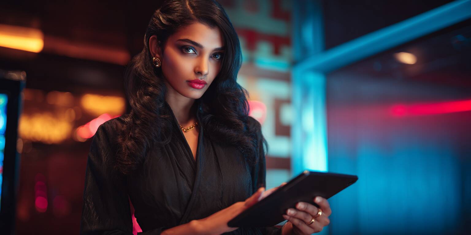 A beautiful and stylish young woman from Bangladesh, with a focused look, enjoying the fast-paced action of the Super Ace slot game on her tablet.